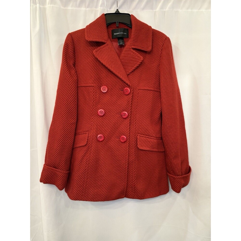 Moda International Wool Pea Coat size M Red Double Breasted Pocket Cuff Sleeve